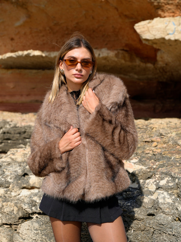 Yumuşak Doku Astarlı Cepli Desenli Şal Yaka Premium Kürk Mont