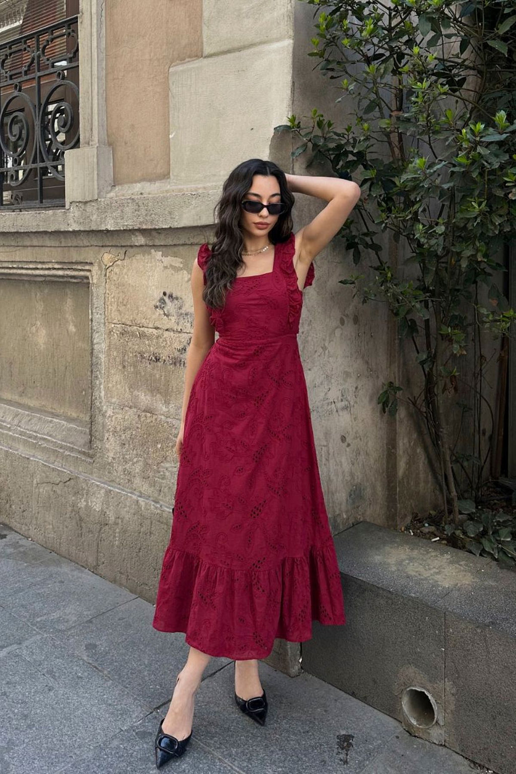 BACK LACE DETAIL SPECIAL DESIGN SQUARE COLLAR LINED BELT 100% COTTON EMBROIDERED SCARF DRESS