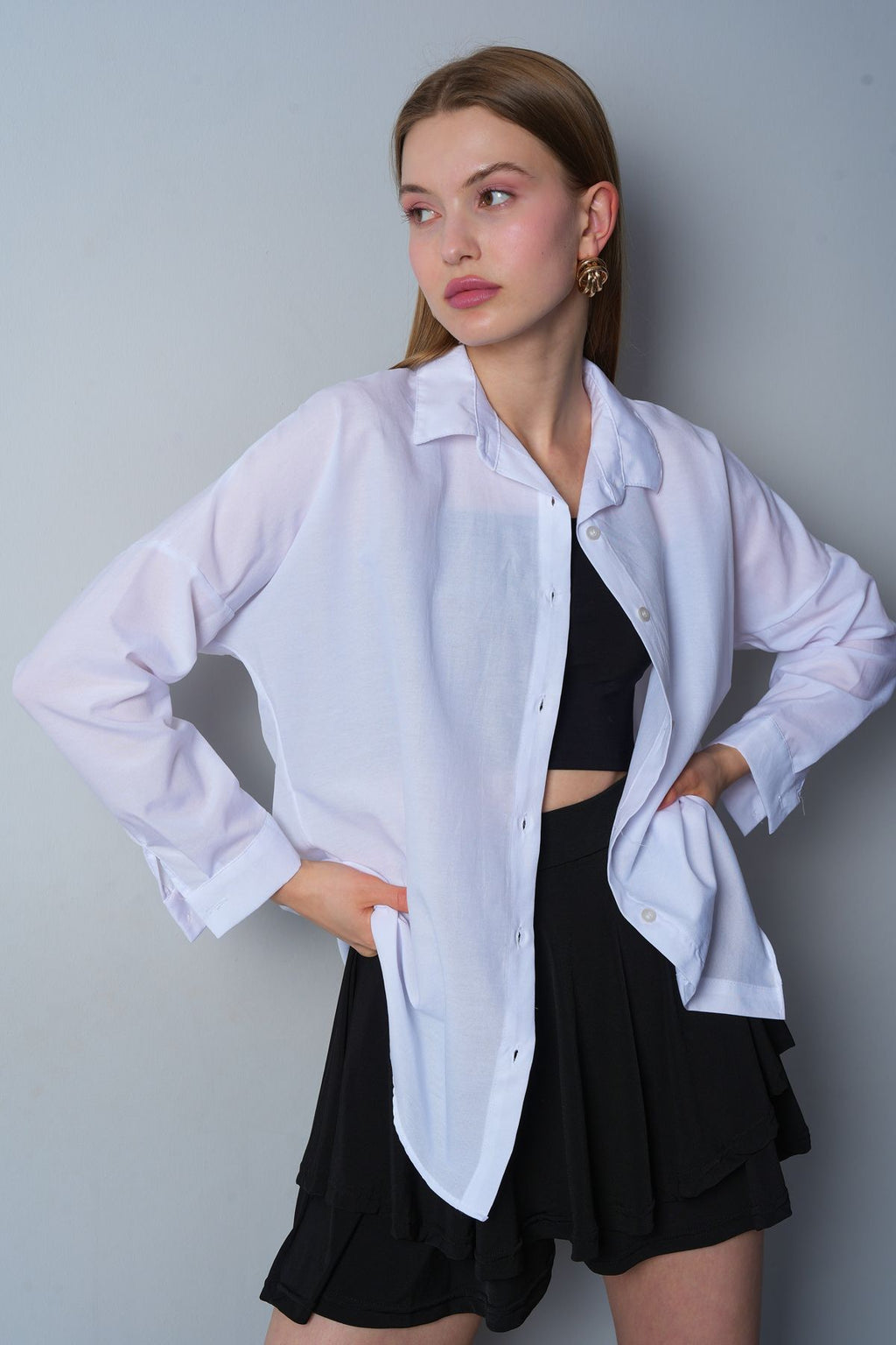 SS24 Oversize Poplin Kumaş Cepli Uzun Kollu Pamuk Gömlek