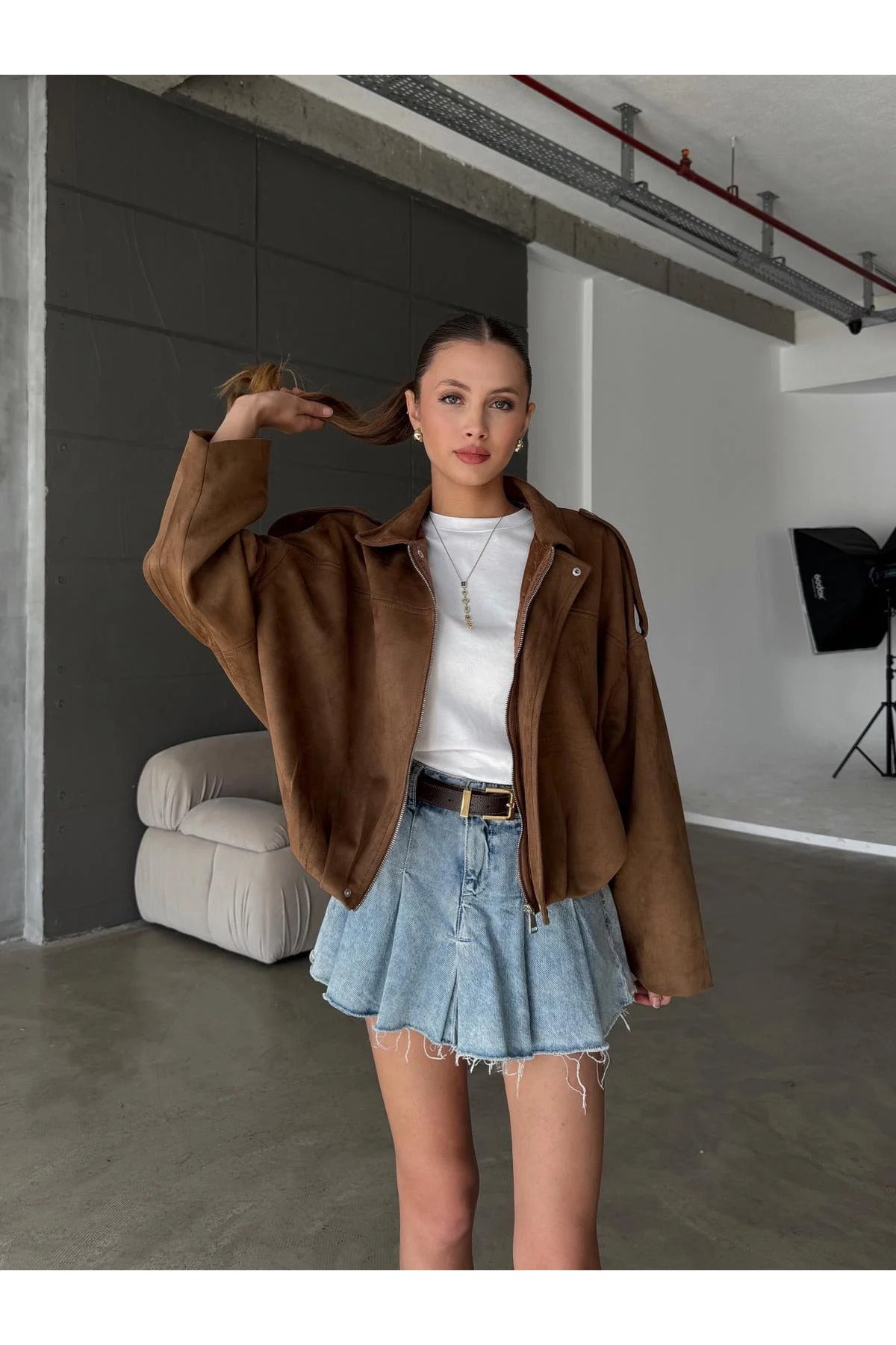 Fermuarlı Çıtçıtlı Suede Süet Bomber Ceket