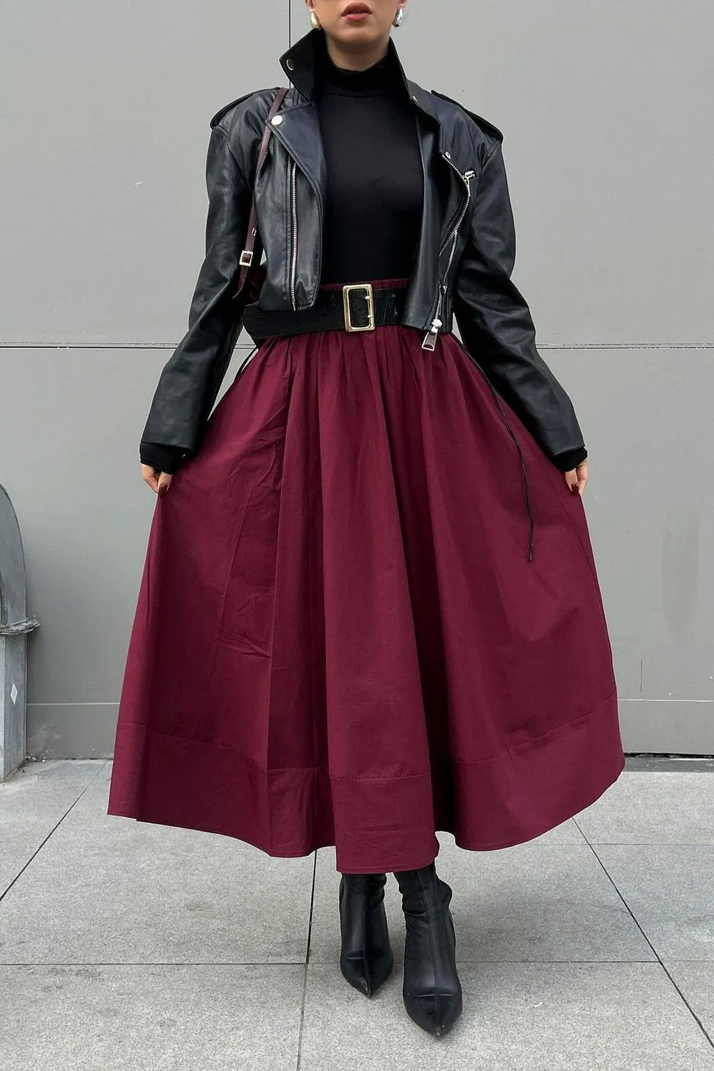 Burgundy Poplin Elastic Waist Long Skirt