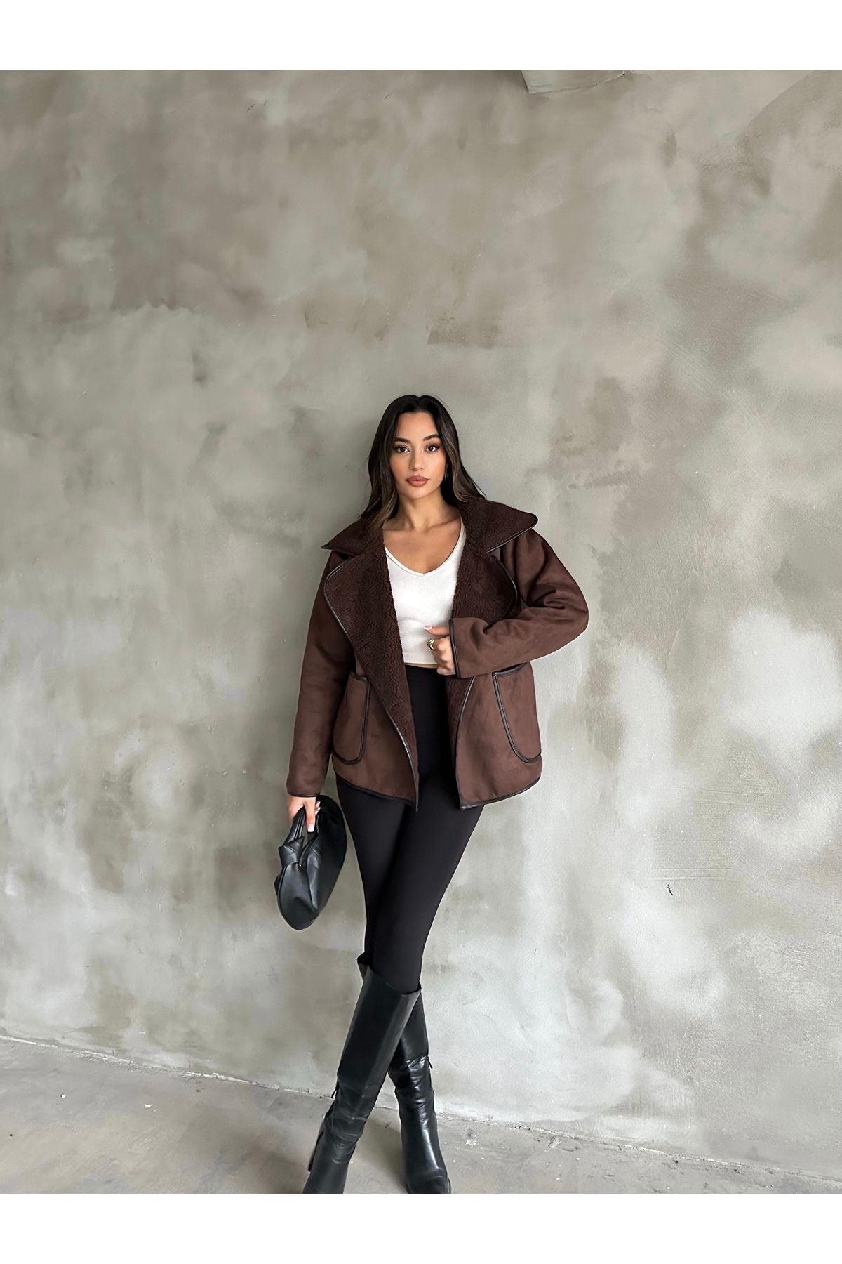 PLUSH INSIDE, SUEDE OUTSIDE COAT WITH POCKETS