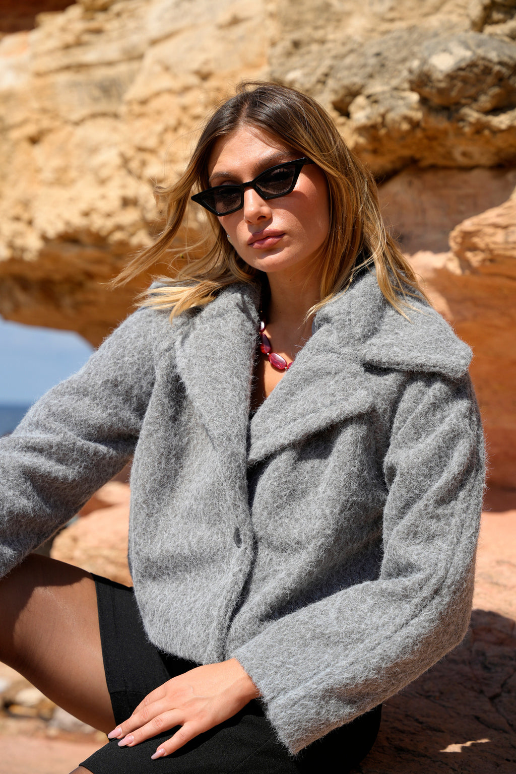 Kruvaze Yaka Astarlı Düğmeli Kaşe Ceket