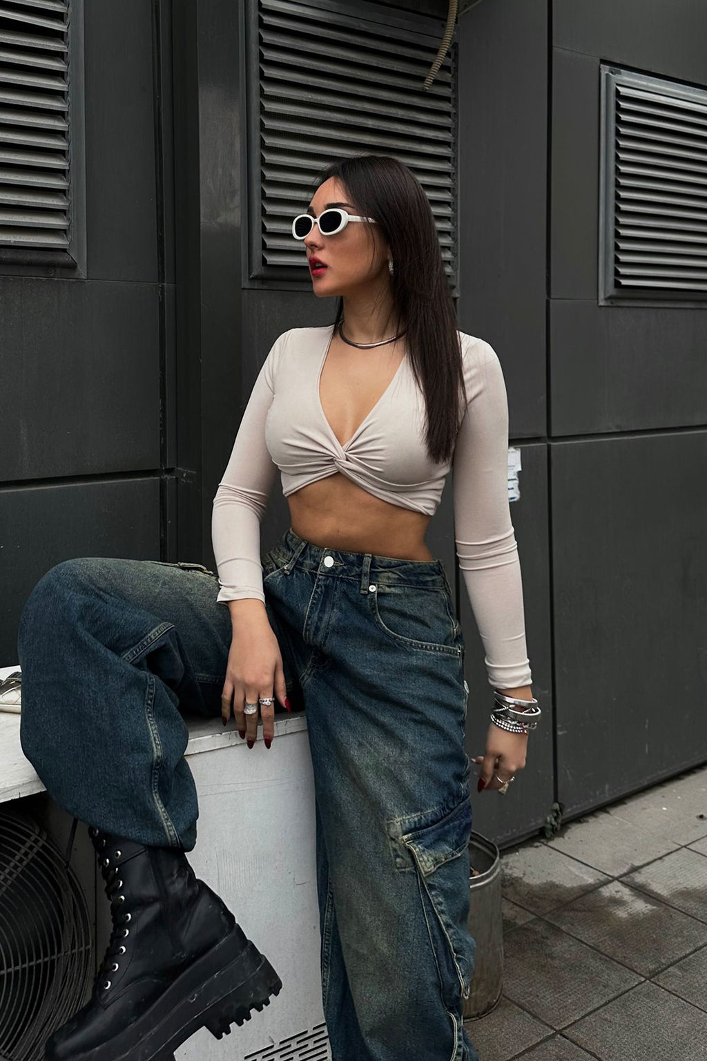 SS2024 Pleated V Neck Sandy Crop Blouse