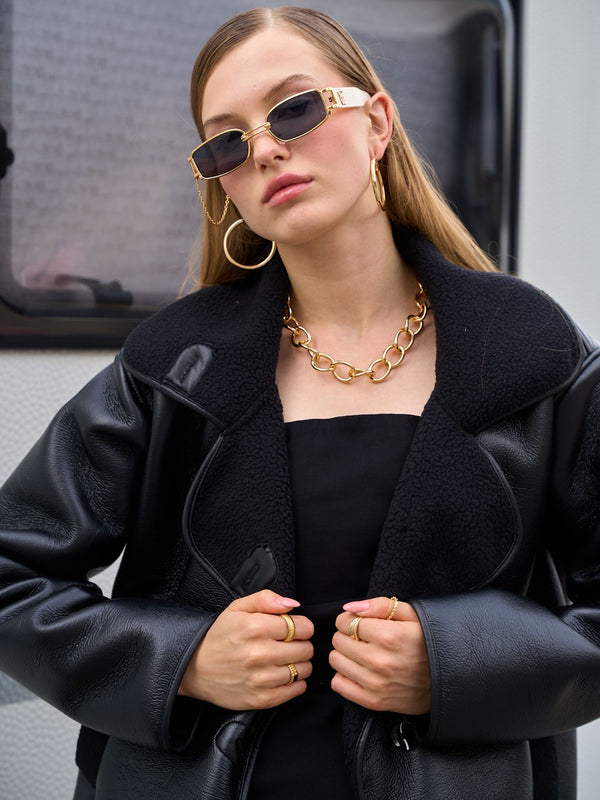 Geniş Yaka Yumuşak Flotter Deri İçi Peluş Cepli Düğmeli Deri Ceket