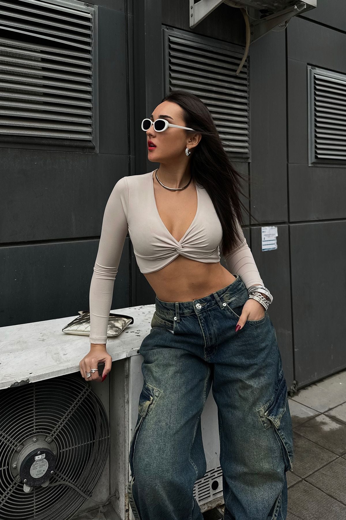 SS2024 Pleated V Neck Sandy Crop Blouse