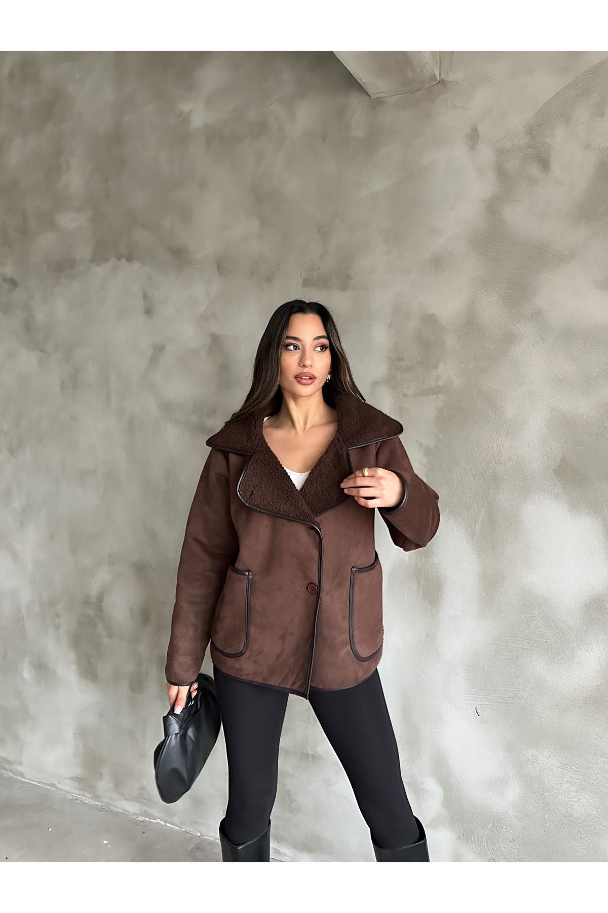 PLUSH INSIDE, SUEDE OUTSIDE COAT WITH POCKETS