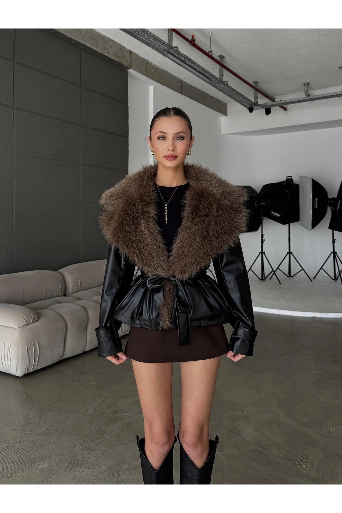 Premium Kürk Yaka Bağlamalı Deri Ceket Mont