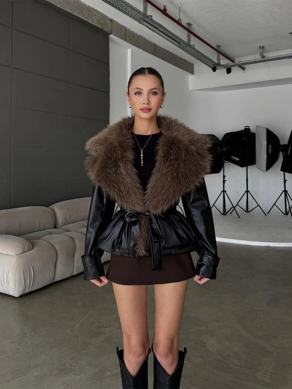 Premium Kürk Yaka Bağlamalı Deri Ceket Mont