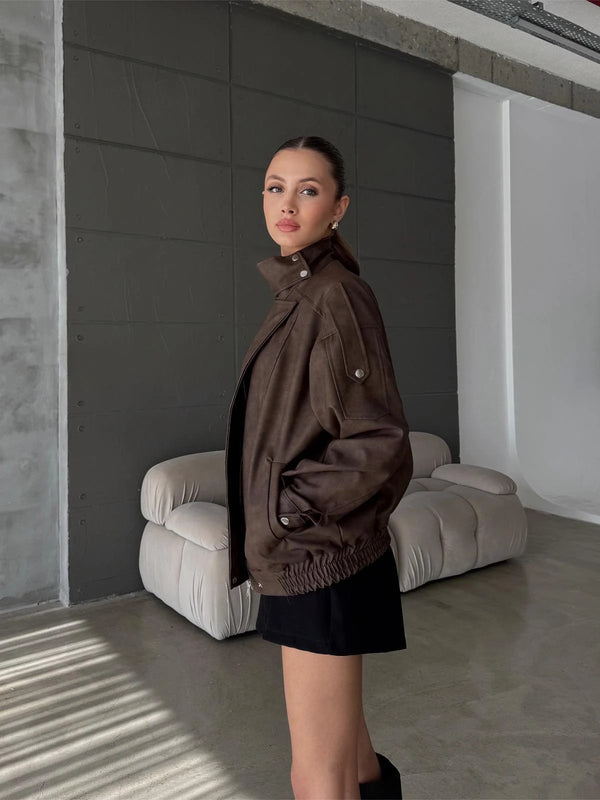 Boyun Detay Çıtçıtlı Beli Lastikli Deri Ceket Mont