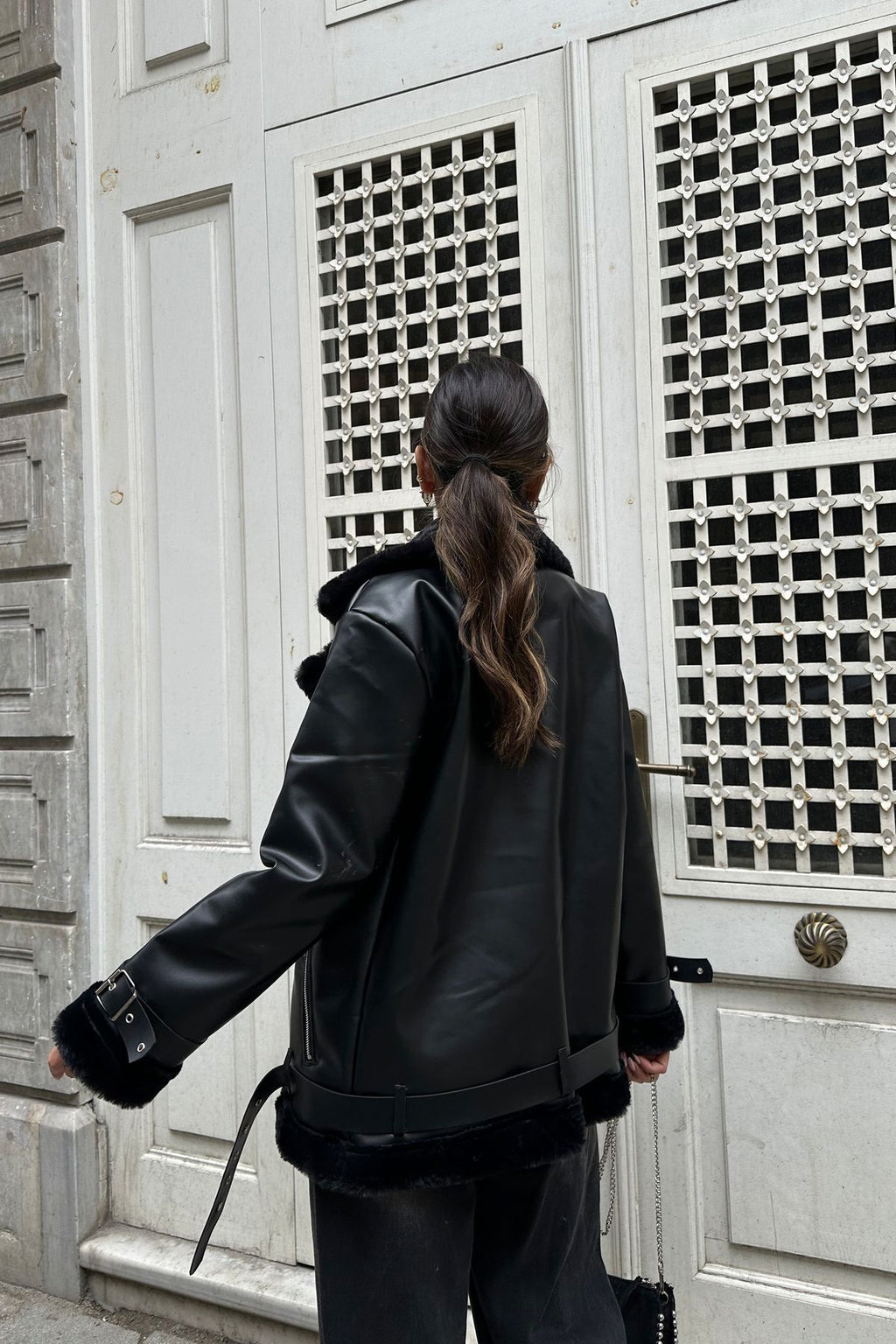 Premium Leather Toscana Laminated Belted Jacket Fur Lining Fur Detailed Luxury Women's Coat
