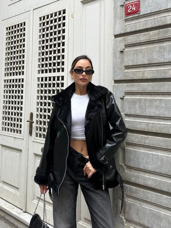Premium Leather Toscana Laminated Belted Jacket Fur Lining Fur Detailed Luxury Women's Coat