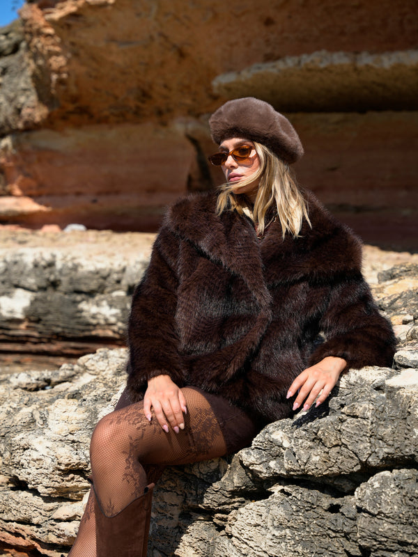 Yumuşak Doku Astarlı Cepli Desenli Şal Yaka Premium Kürk Mont