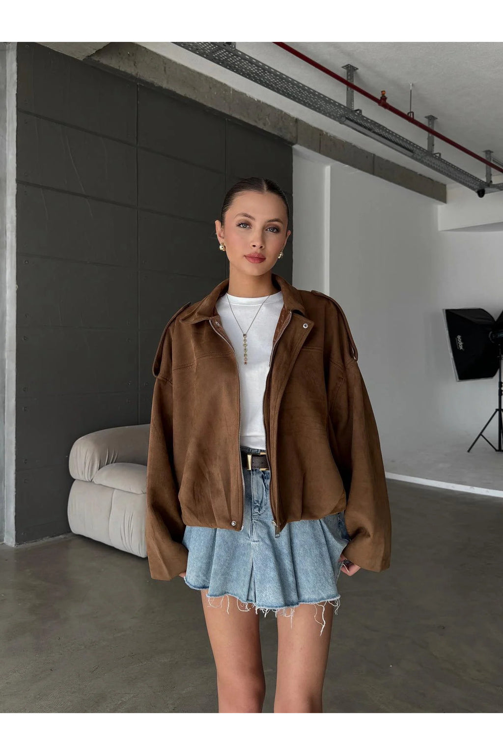 Fermuarlı Çıtçıtlı Suede Süet Bomber Ceket