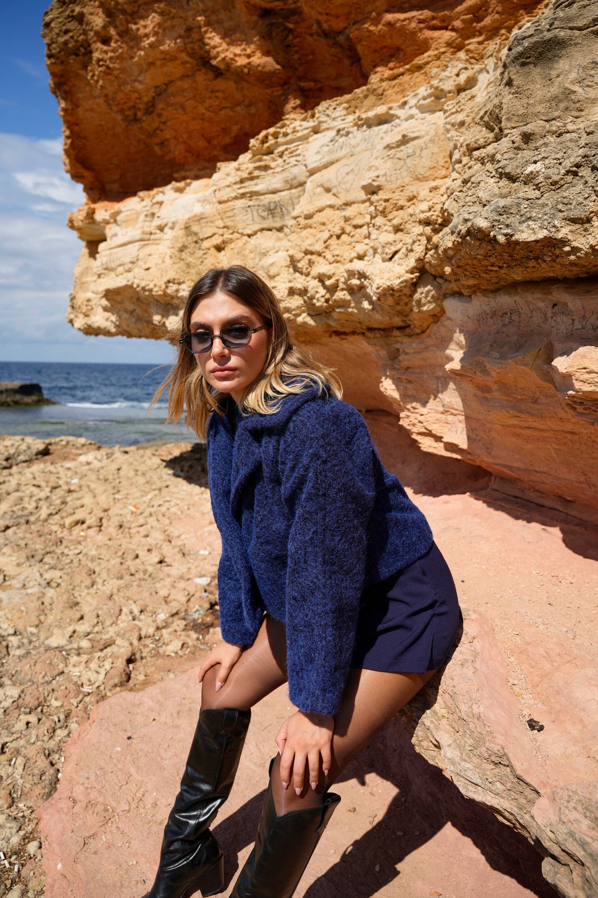 Kruvaze Yaka Astarlı Düğmeli Kaşe Ceket