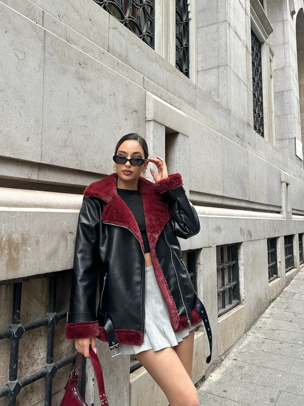 Premium Leather Toscana Laminated Belted Jacket Inner Lining Detailed Luxury Women's Coat