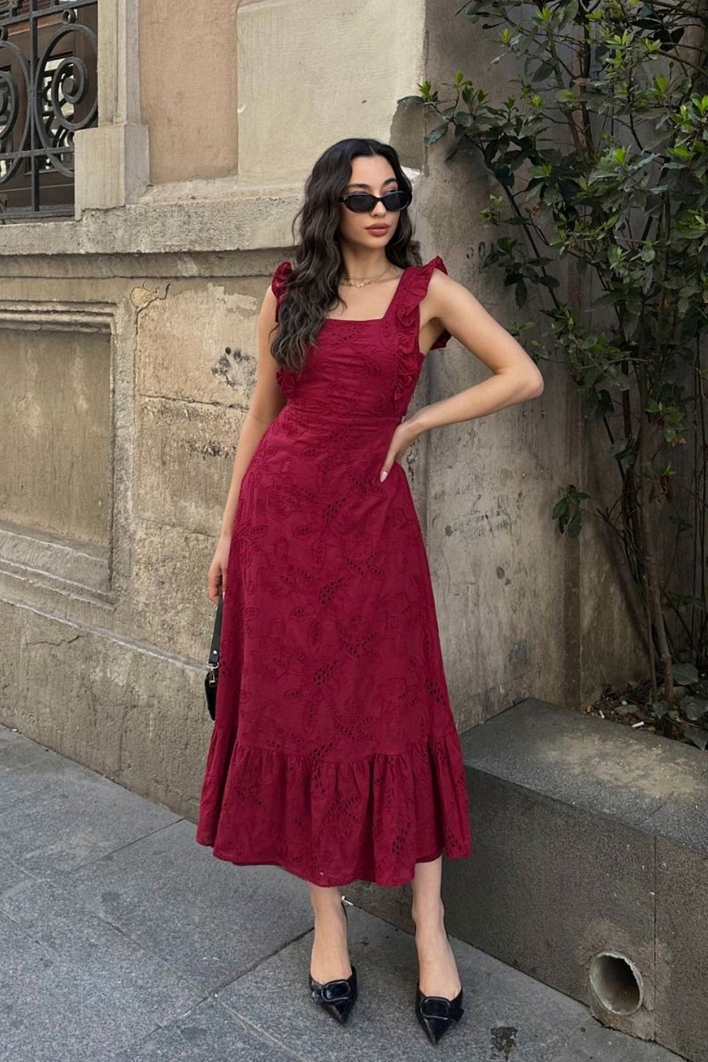 BACK LACE DETAIL SPECIAL DESIGN SQUARE COLLAR LINED BELT 100% COTTON EMBROIDERED SCARF DRESS