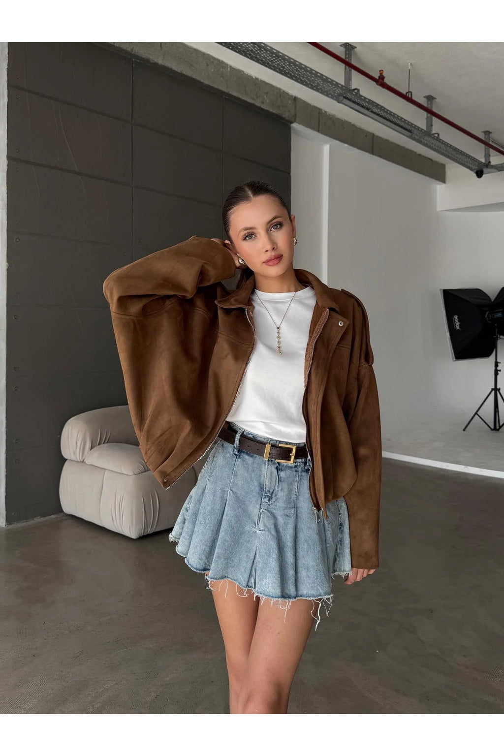 Fermuarlı Çıtçıtlı Suede Süet Bomber Ceket