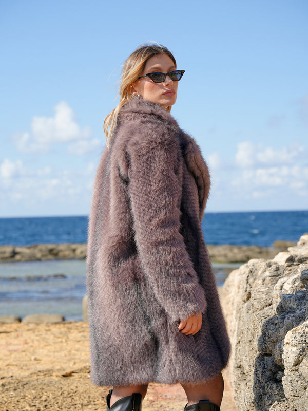 Yumuşak Doku Astarlı Cepli Desenli Diz Boy Midi Premium Kürk Mont