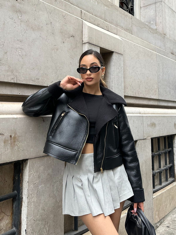 Geniş Yaka Fermuarlı Flotter Deri Peluş Yaka Yumuşak Premium Deri Ceket