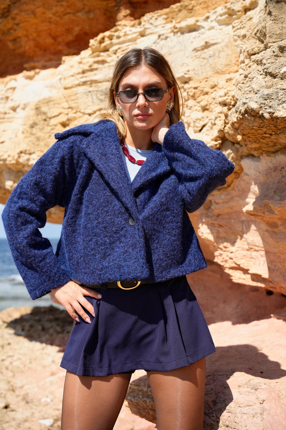 Kruvaze Yaka Astarlı Düğmeli Kaşe Ceket