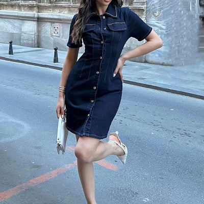Taş İşlemeli Düğmeli Premium Denim Diz Üstü Kot Elbise