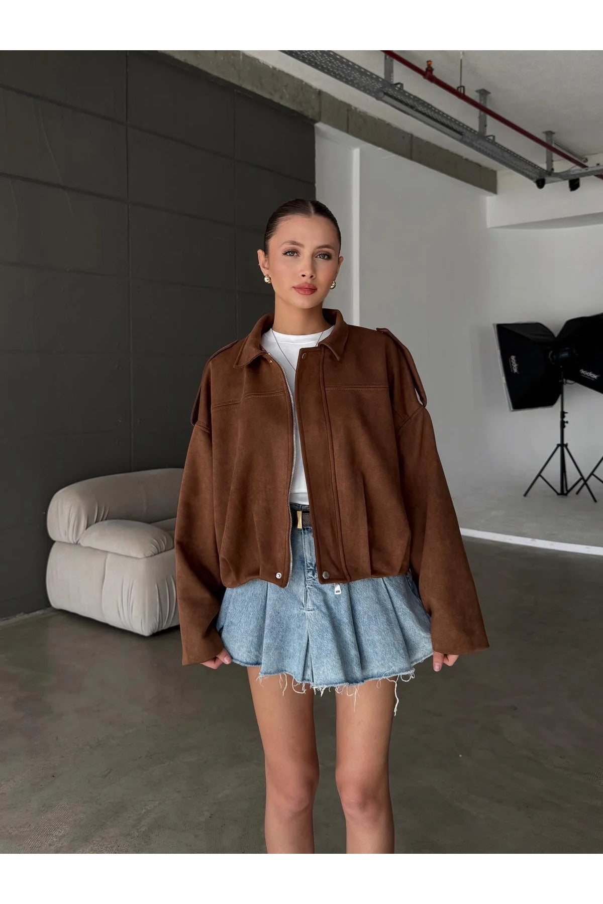 Fermuarlı Çıtçıtlı Suede Süet Bomber Ceket