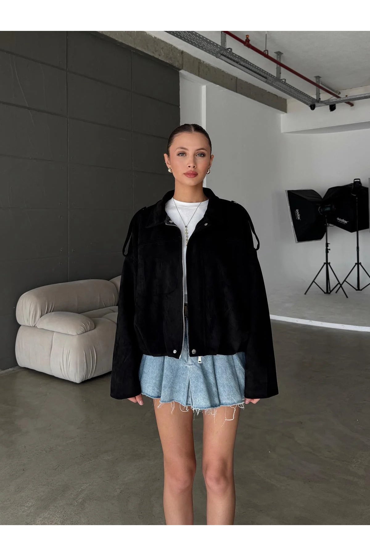 Fermuarlı Çıtçıtlı Suede Süet Bomber Ceket