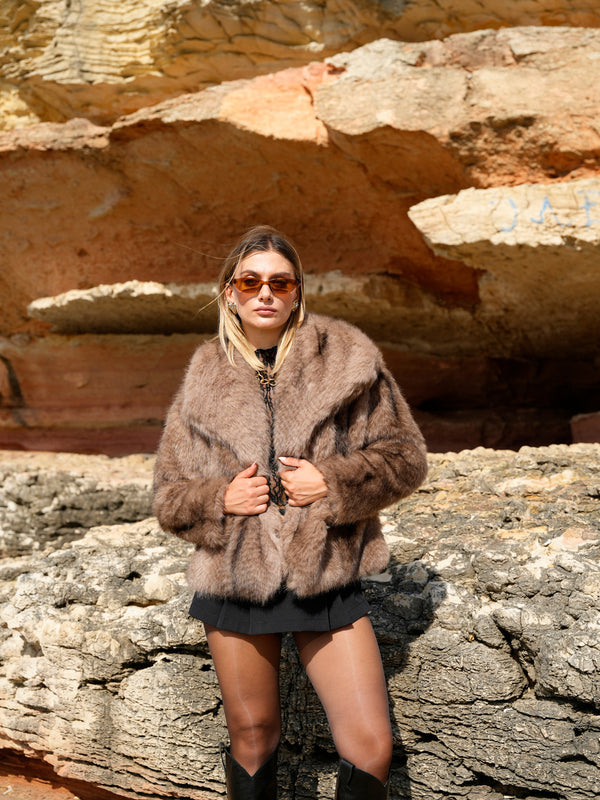 Yumuşak Doku Astarlı Cepli Desenli Şal Yaka Premium Kürk Mont