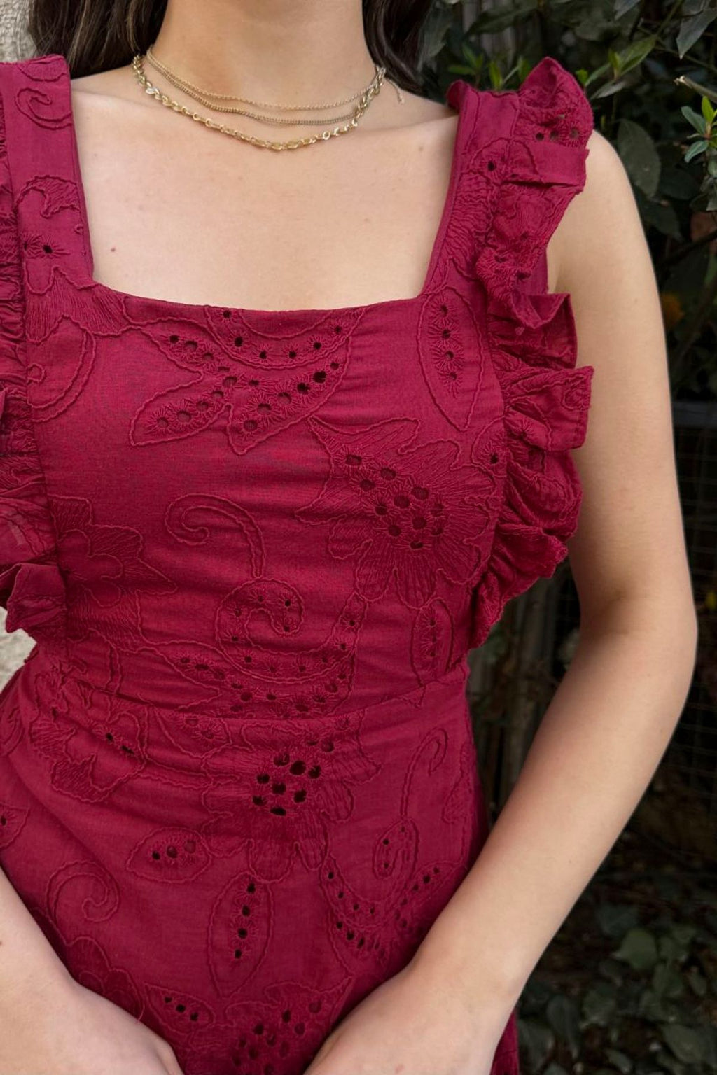 BACK LACE DETAIL SPECIAL DESIGN SQUARE COLLAR LINED BELT 100% COTTON EMBROIDERED SCARF DRESS