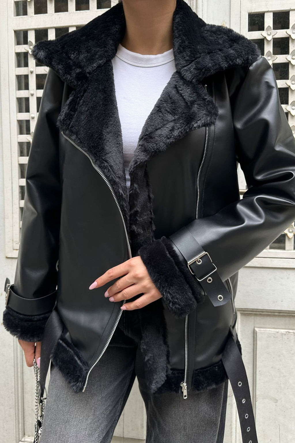 Premium Leather Toscana Laminated Belted Jacket Fur Lining Fur Detailed Luxury Women's Coat