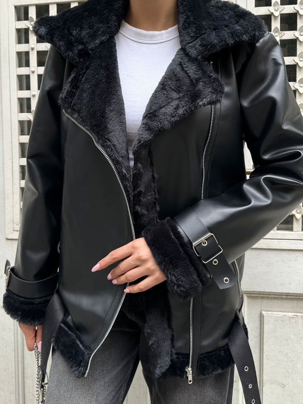 Premium Leather Toscana Laminated Belted Jacket Fur Lining Fur Detailed Luxury Women's Coat