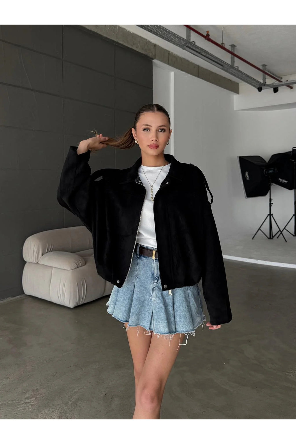 Fermuarlı Çıtçıtlı Suede Süet Bomber Ceket