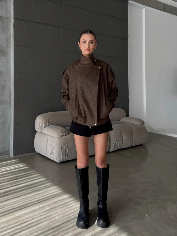 Boyun Detay Çıtçıtlı Beli Lastikli Deri Ceket Mont