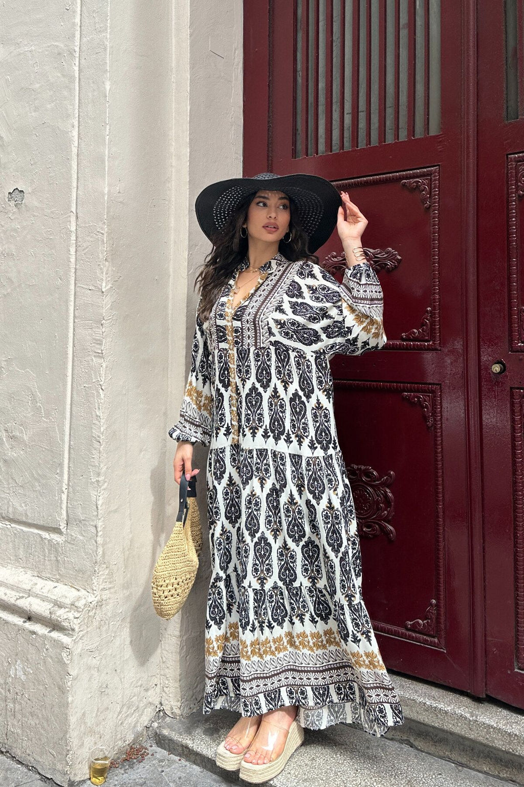 100% Viscose Bohemian Alaçatı Dress V Neck Ethnic Patterned Viscose Dress Hijab Suitable Dress