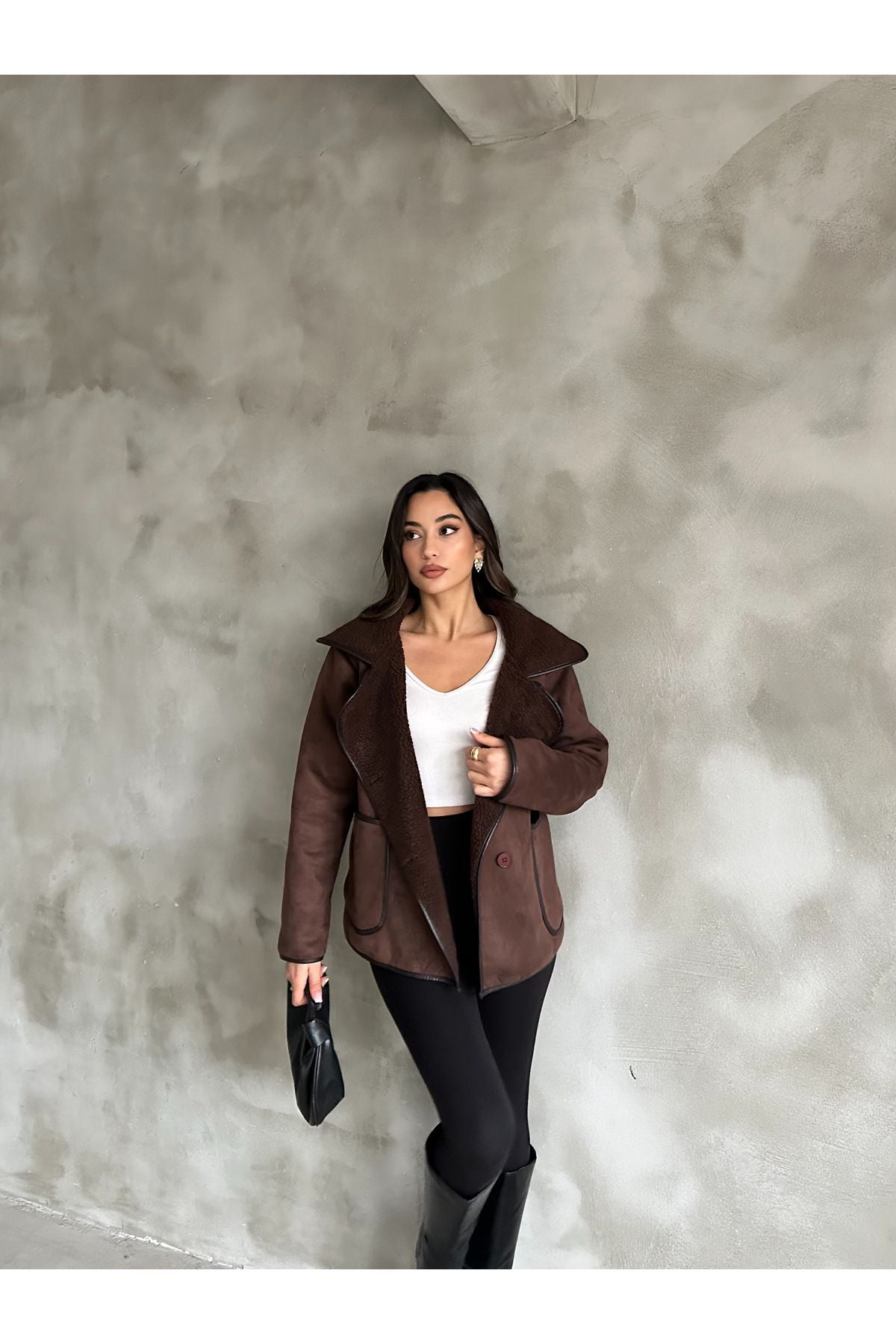 PLUSH INSIDE, SUEDE OUTSIDE COAT WITH POCKETS