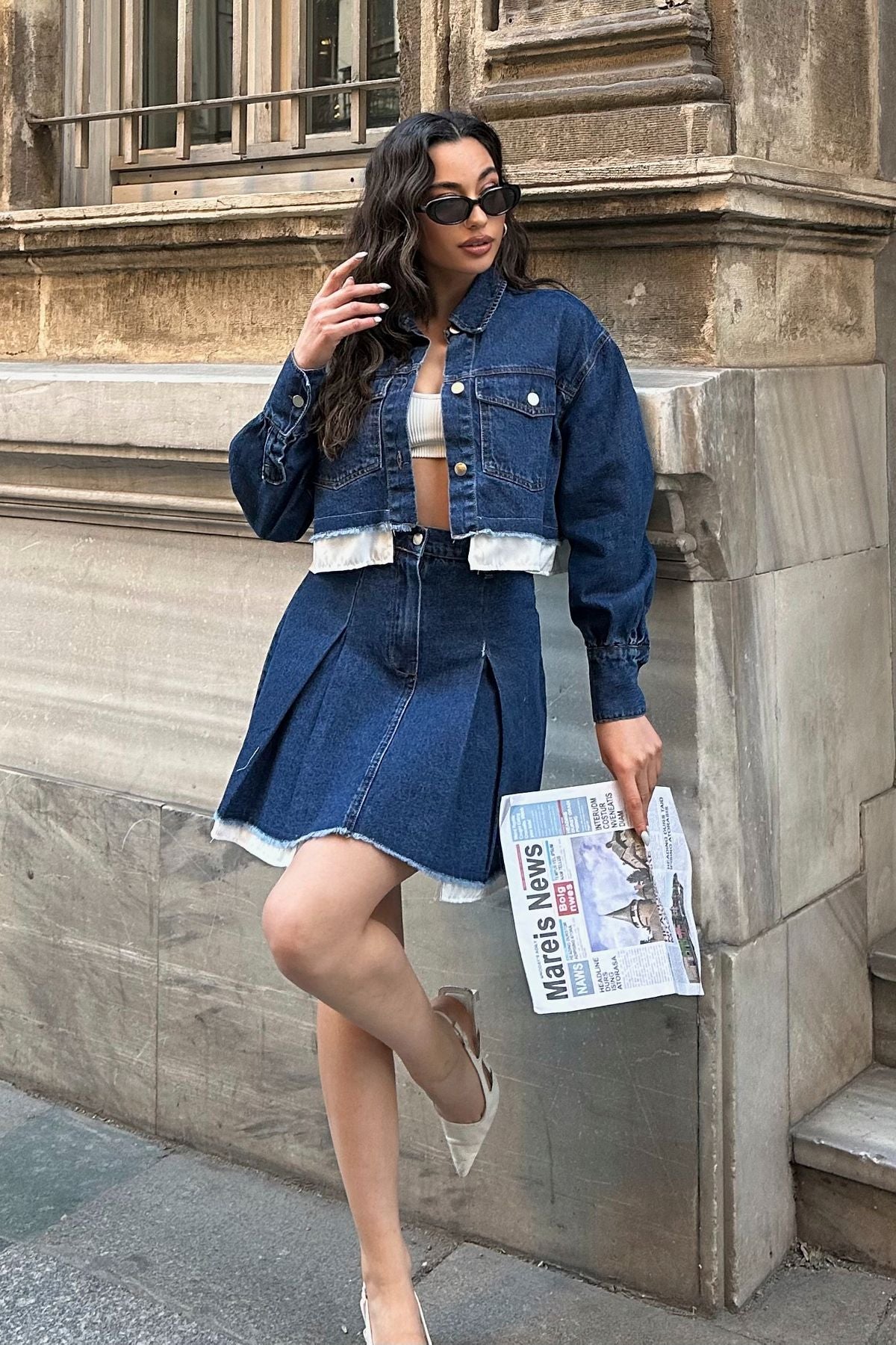 Premium Mavi Denim Kot Ceket Etek Takım