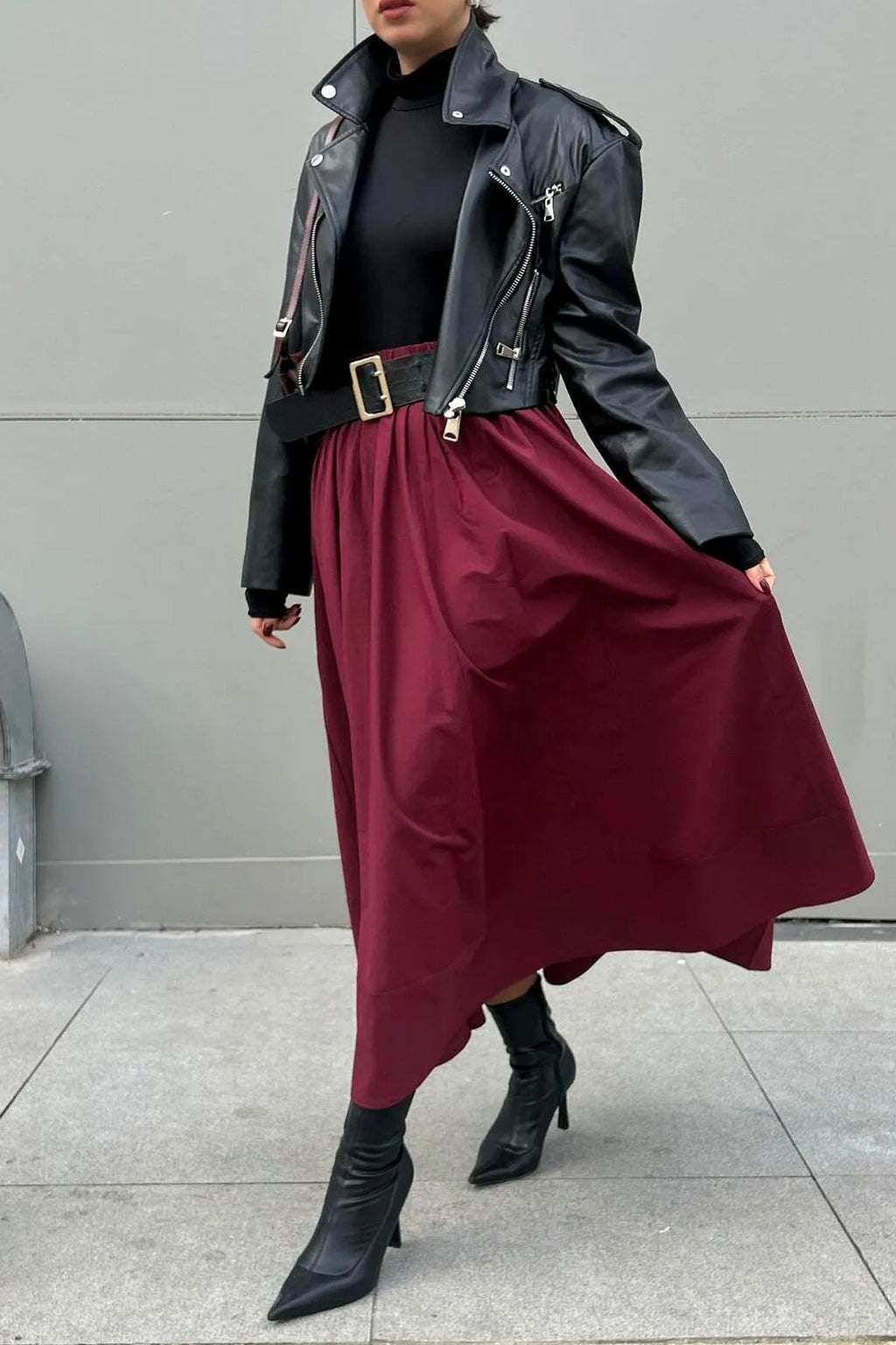 Burgundy Poplin Elastic Waist Long Skirt