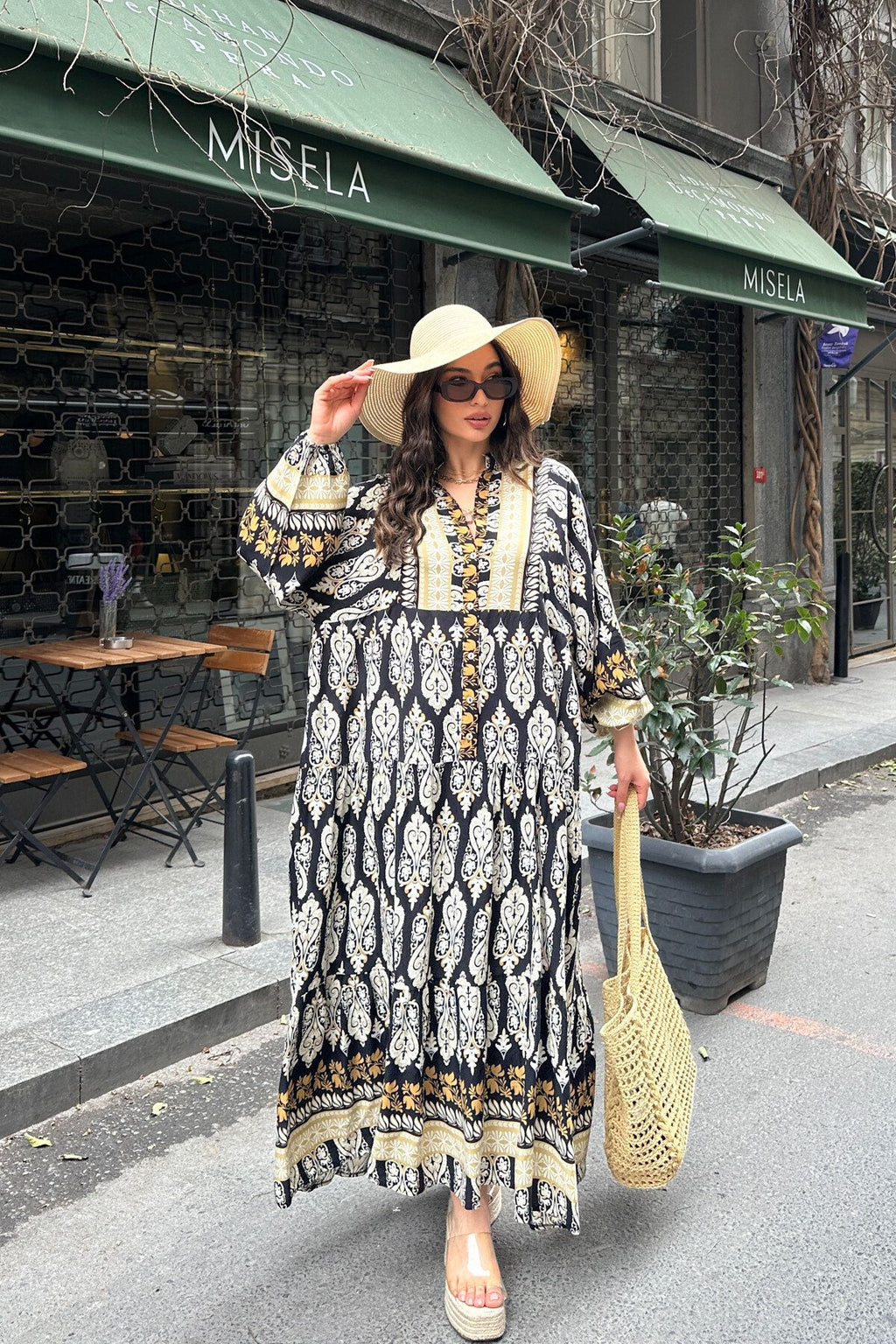 100% Viscose Bohemian Alaçatı Dress V Neck Ethnic Patterned Viscose Dress Hijab Suitable Dress