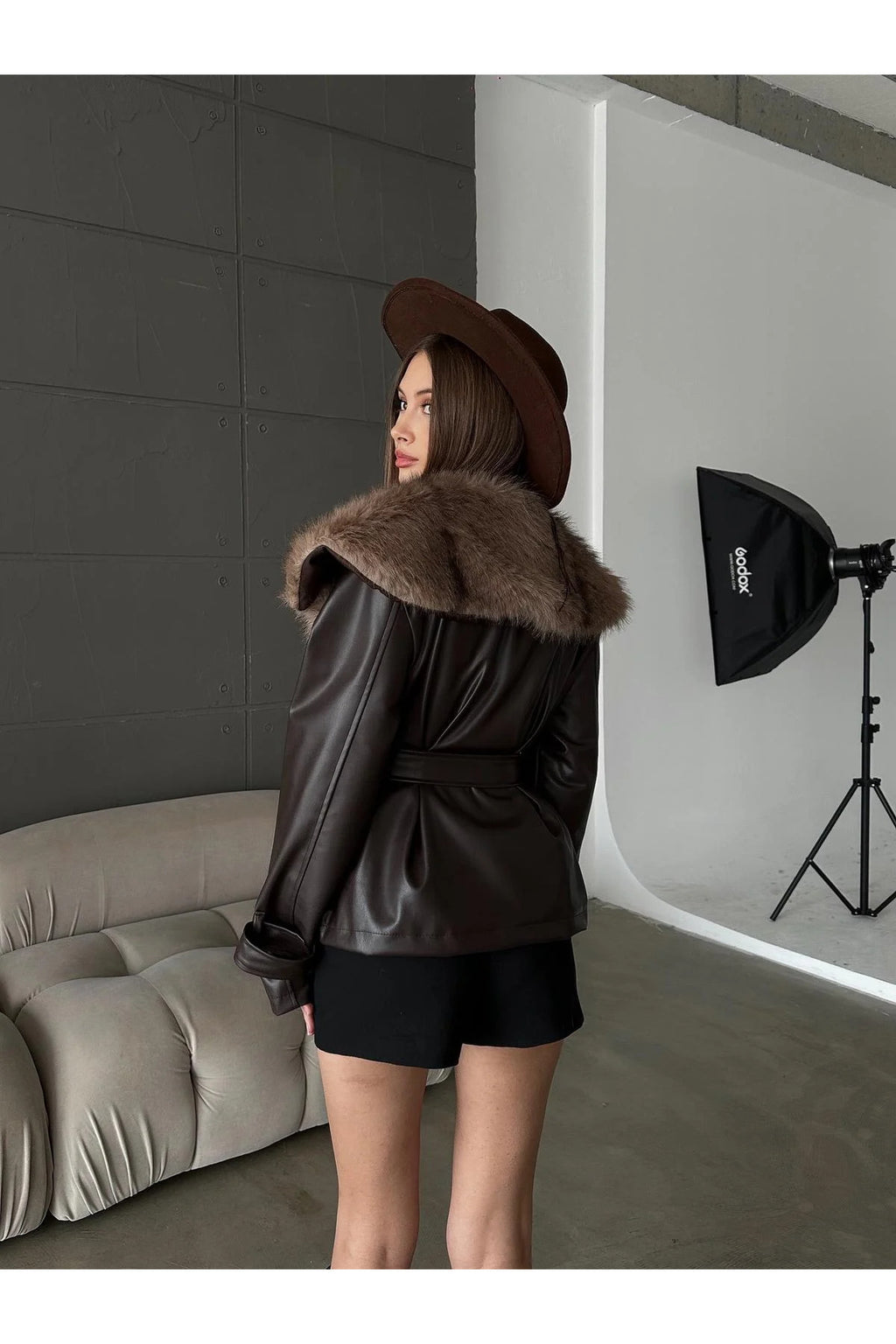 Premium Kürk Yaka Bağlamalı Deri Ceket Mont