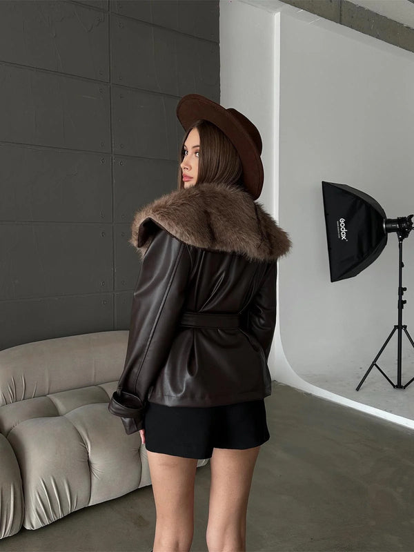 Premium Kürk Yaka Bağlamalı Deri Ceket Mont