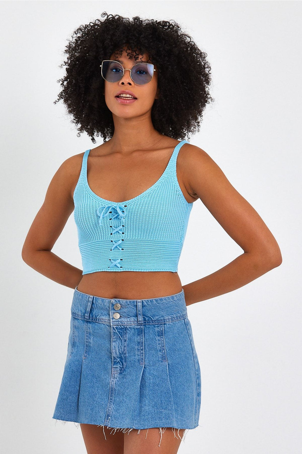 Women's Cross Lace Knit Crop Blouse