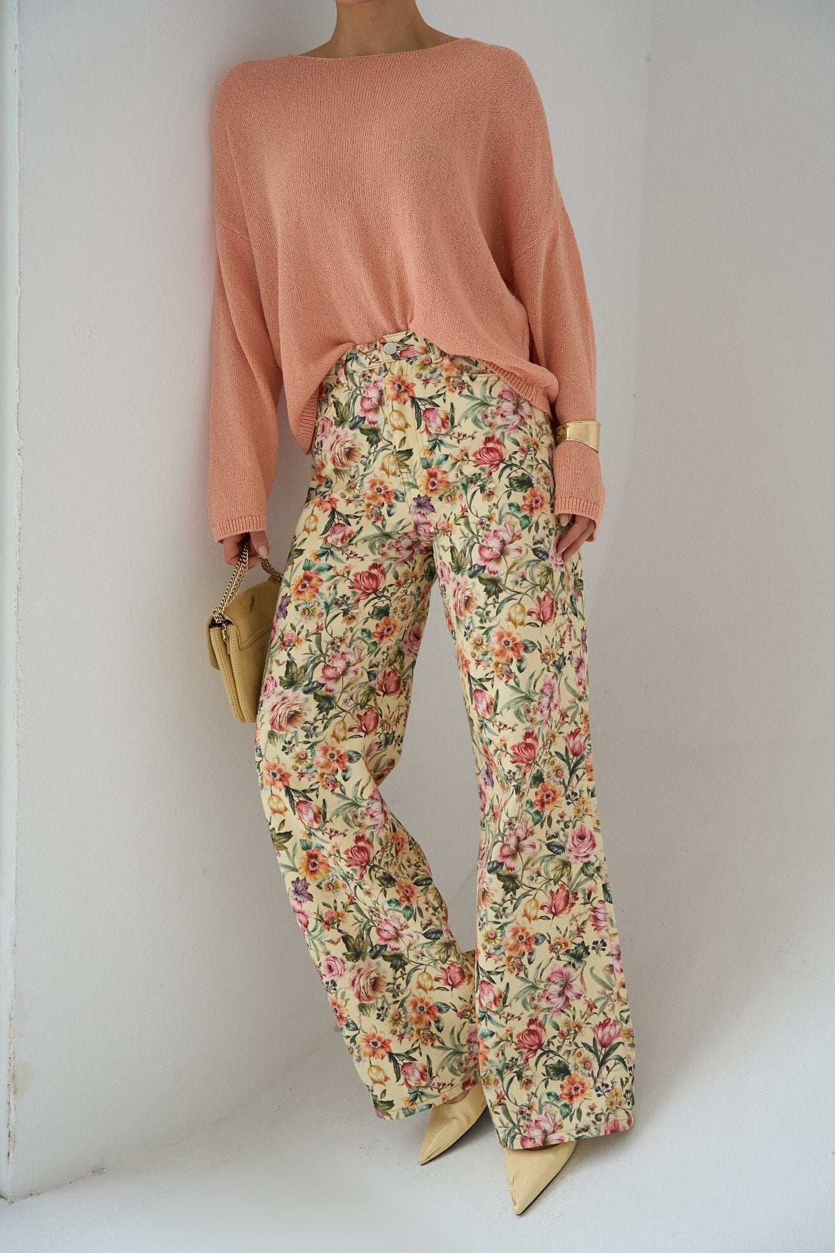 İthal Kumaş Etnik Desenli Yüksek Bel Wide Leg Jean Kot Pantolon