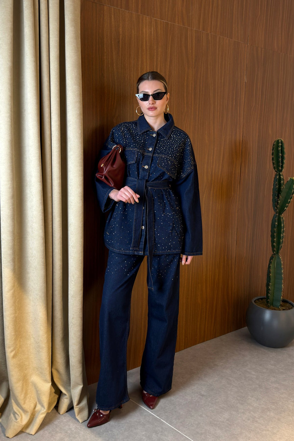 Premium Taşlı Collection Series Cep Detaylı Kuşaklı Denim Ceket Pantolon Kot Jean Takım Taşlı