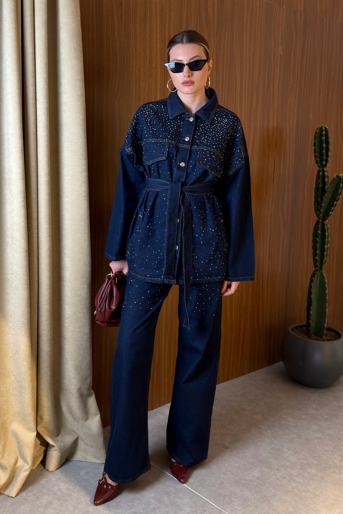 Premium Taşlı Collection Series Cep Detaylı Kuşaklı Denim Ceket Pantolon Kot Jean Takım Taşlı