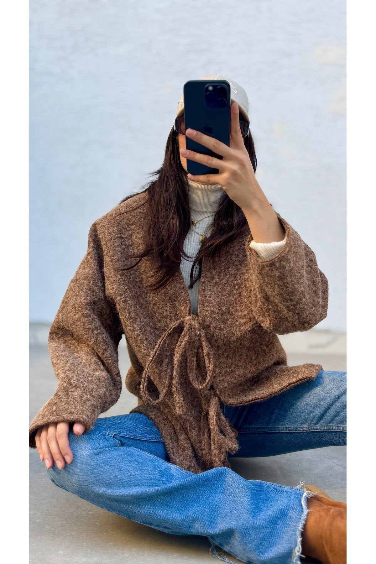 Kırçıllı Buklet Kumaş Saçaklı Astarlı Önden Bağlamalı Premium Kaşe Kimono Kaban Ceket