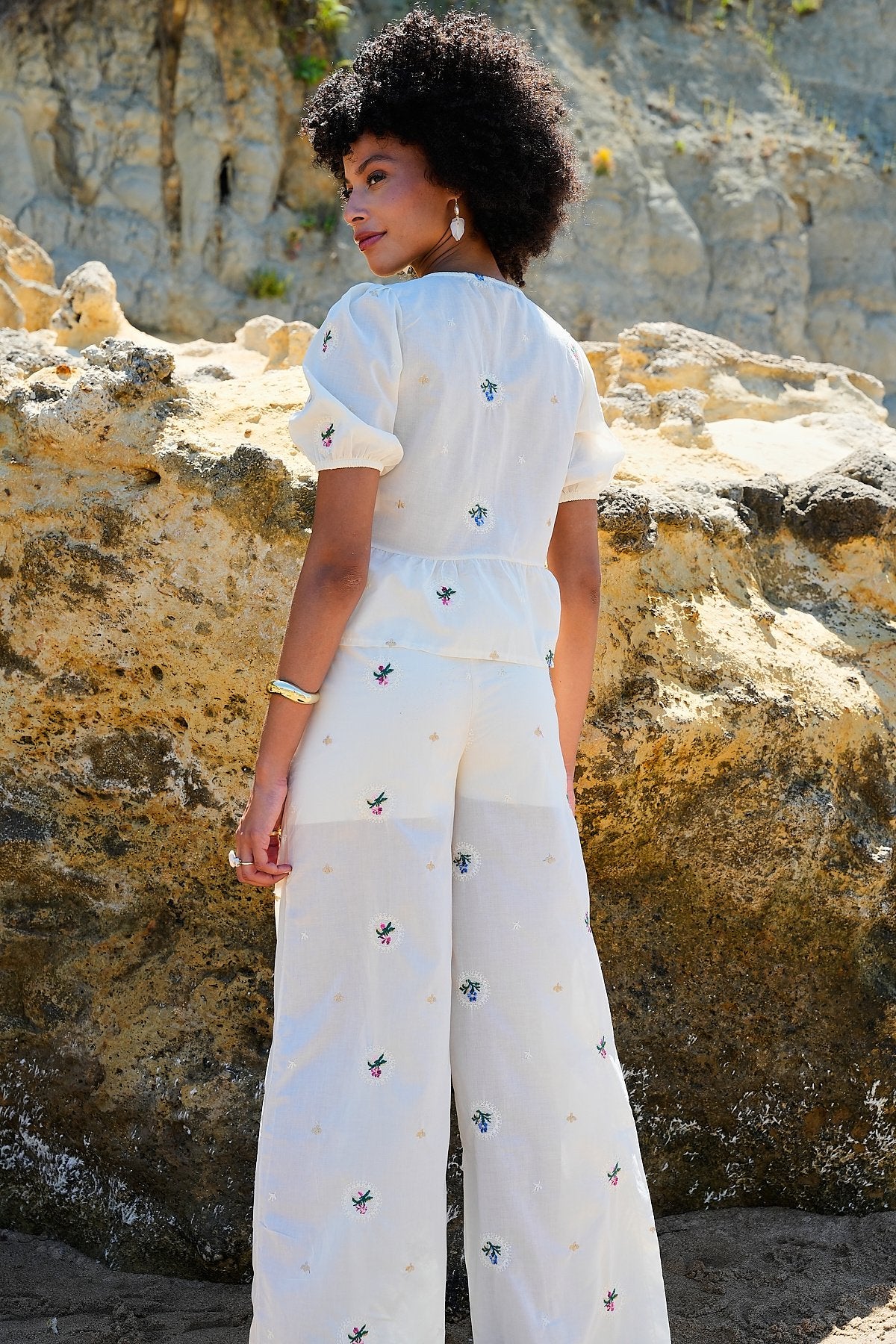 Nakışlı Önden Bağlamalı %100 Pamuk Bluz Pantolon Takım