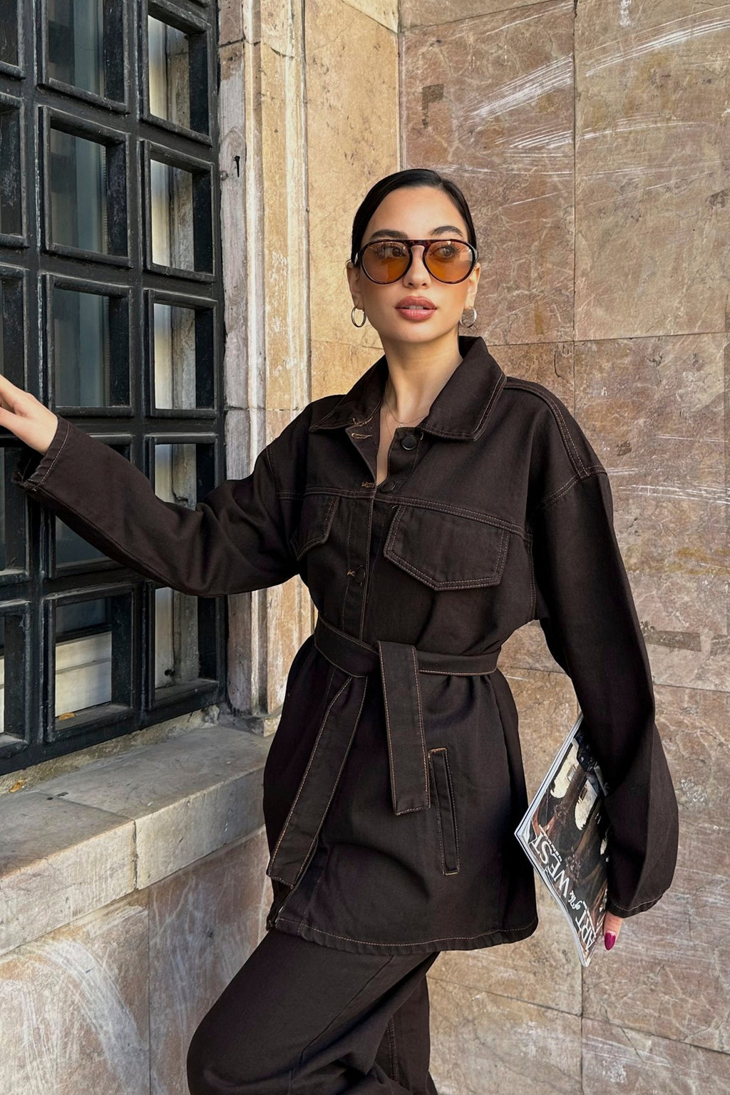 Cep Detaylı Kuşaklı Lacivert Denim Premium Ceket Pantolon Kot Jean Takım