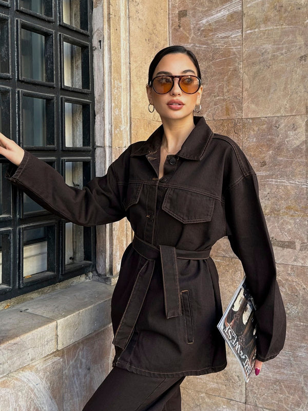 Cep Detaylı Kuşaklı Lacivert Denim Premium Ceket Pantolon Kot Jean Takım