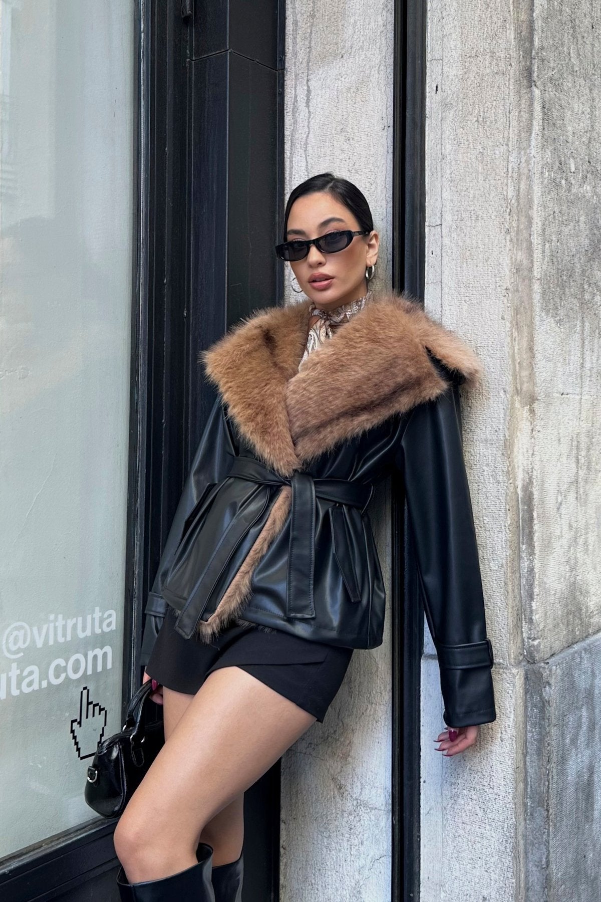 Premium Kürk Yaka Bağlamalı Deri Ceket Mont